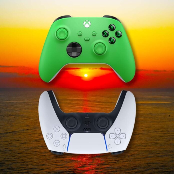 Xbox and PS5 controllers with a sunset background