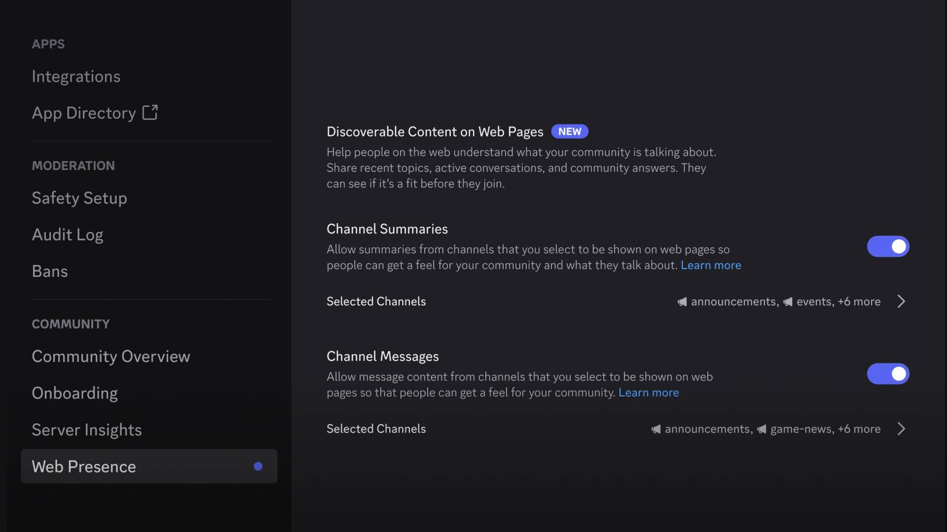 Discord discoverable server content settings.