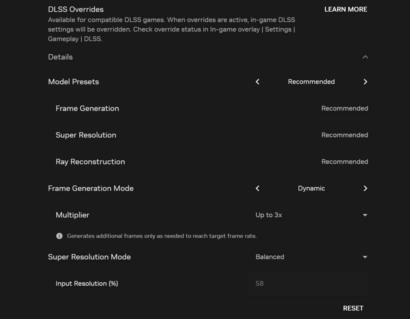 Nvidia DLSS 4.5 settings.