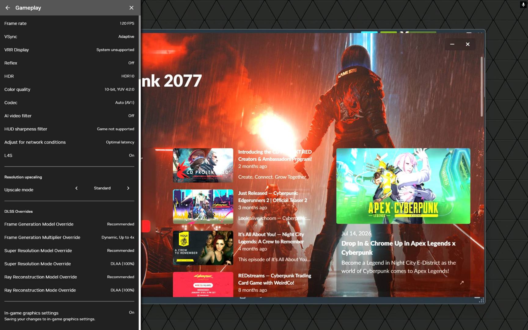 Nvidia GeForce Now settings.