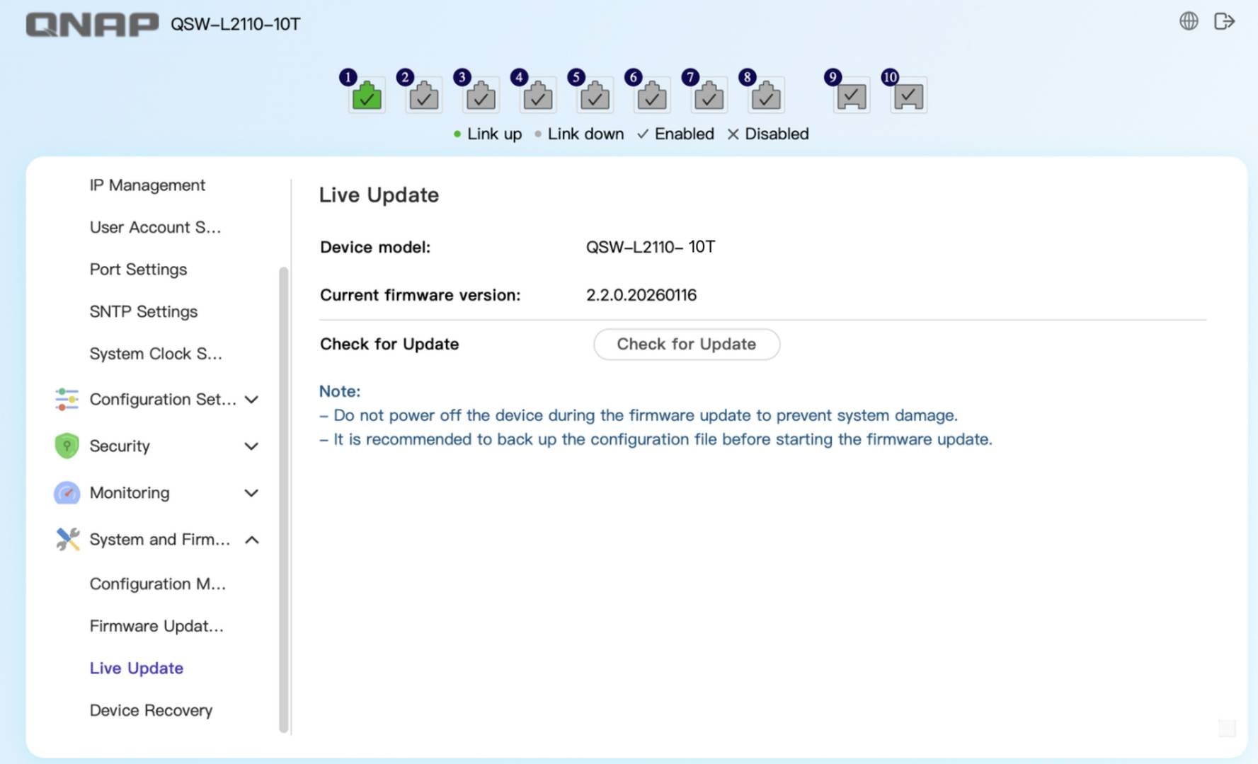 QNAP switch interface.
