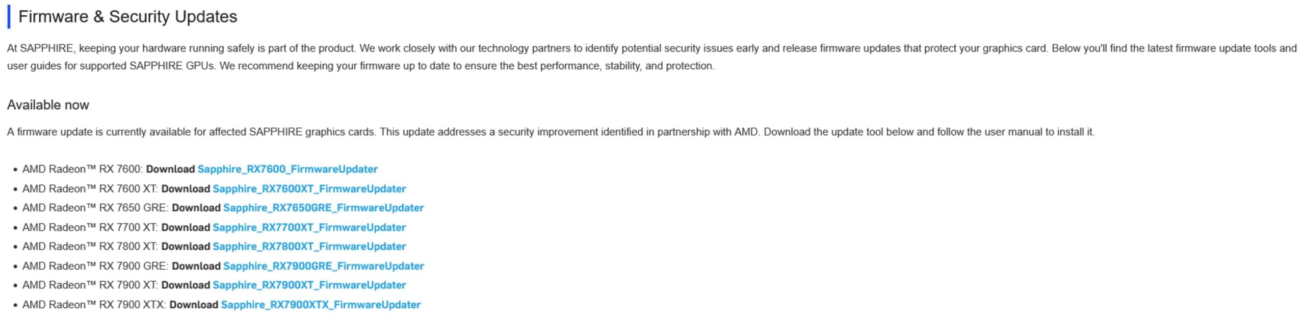 Sapphire AMD Radeon RX 7000 BIOS update list.