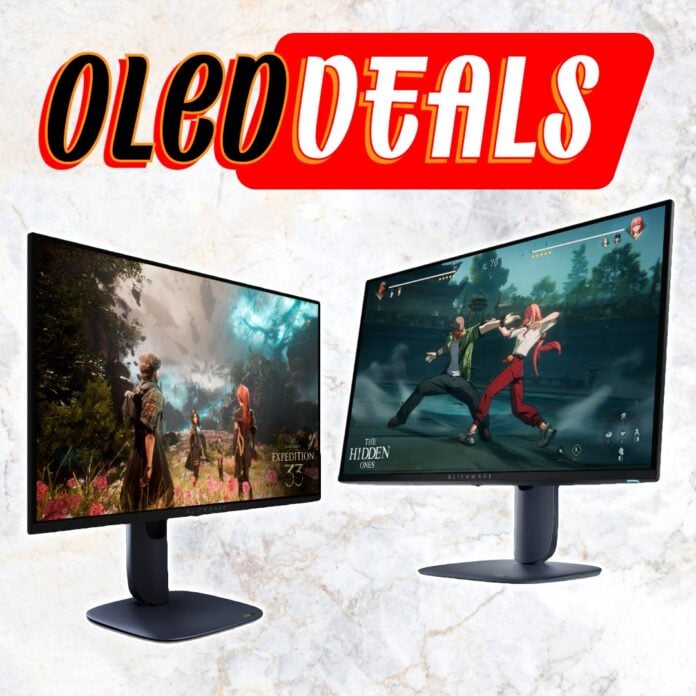 An Alienware AW2725D and AW2725Q in front of a white background, with an 'OLED Deals' banner above them.