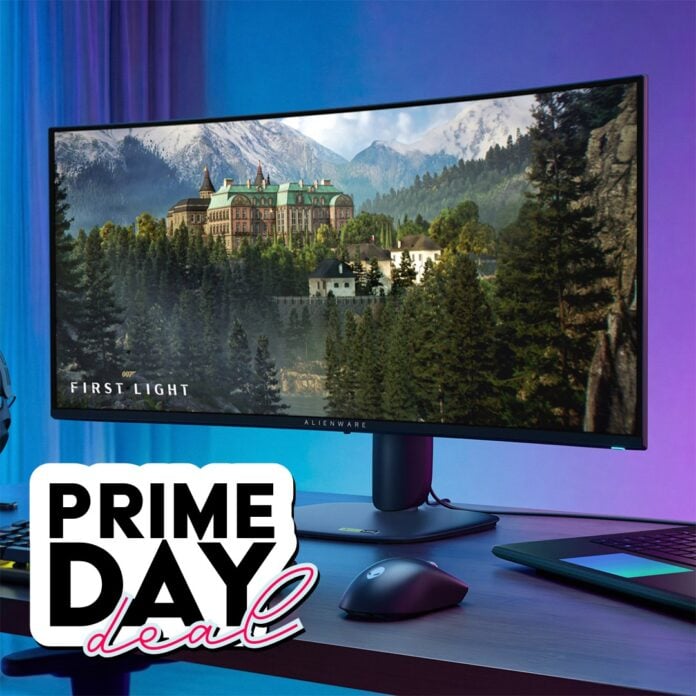 An Alienware AW3426DW monitor, with 'Prime Day deal' text written underneath it.