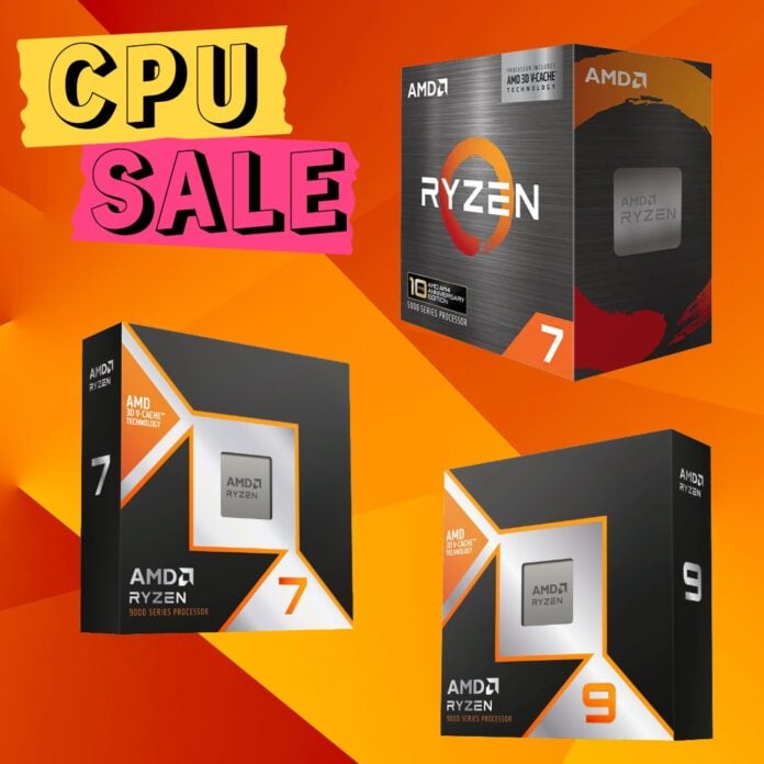 A collection of AMD Ryzen X3D CPUs, against an orange backdrop.