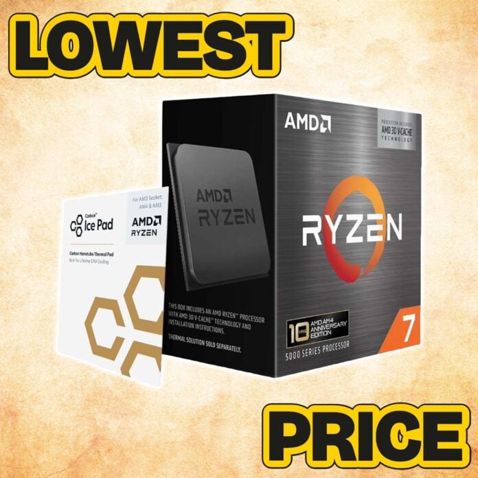An AMD Ryzen 7 5800X3D processor, surrounded by the text 