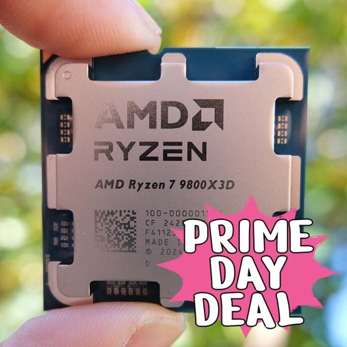 An AMD Ryzen 7 9800X3D held between two fingers, with a 'Prime Day Deal' sign in the bottom right.