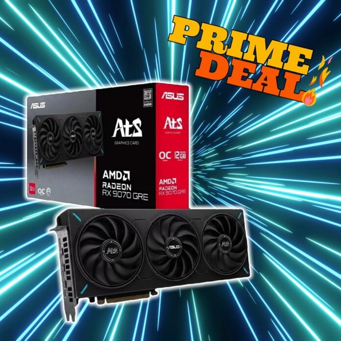 An Asus Radeon RX 9070 GRE GPU, with 'Prime Deal' written above it, against a blue-black hyperspace-style background.