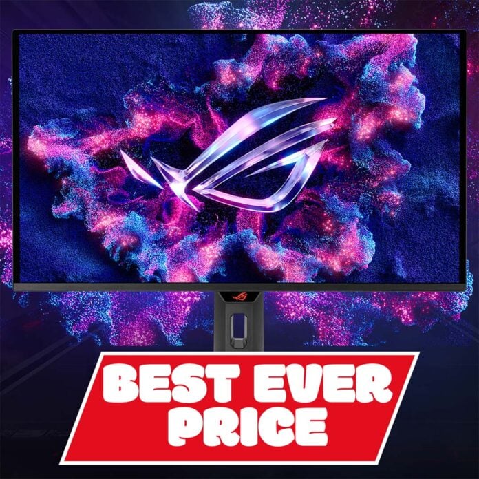 An Asus ROG XG27UCDMG monitor, with a 'best ever price' sign underneath it.