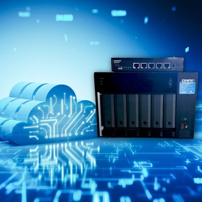 Cloud computing graphic with a QNAP TVS-hx74T NAS