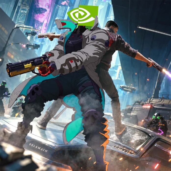 Cyberpunk 2077 key art, with the face of one of the character's faces replaced by an Nvidia logo./