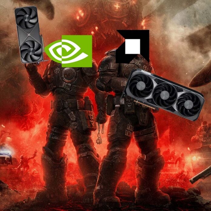 Gears of War E-Day key art, with the faces of main characters replaced by the AMD logo (right) and Nvidia logo (left), each wielding graphics cards.