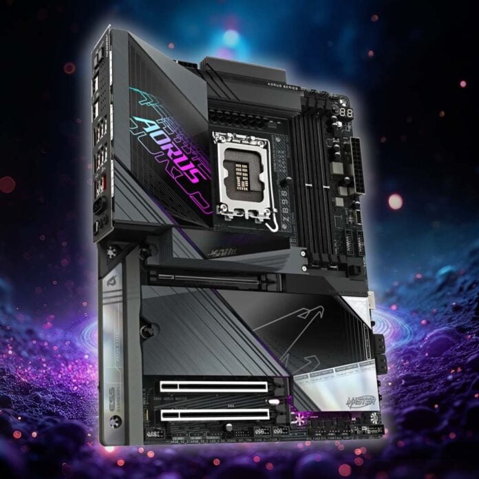A Gigabyte Z890 motherboard, floating against a cosmic background.