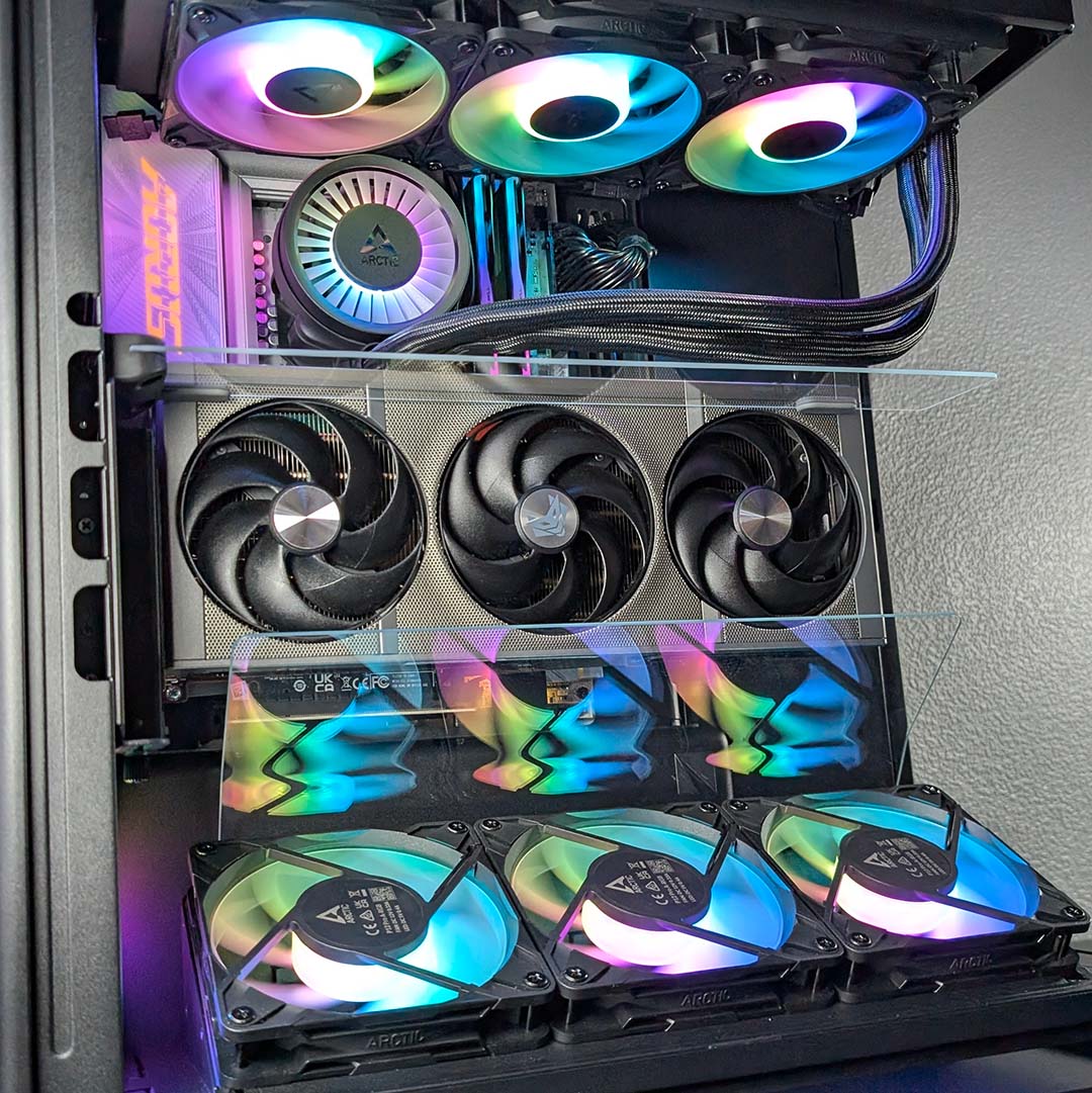 A close up of a complete build, powered on, inside the HAVN HS 360 VGPU.