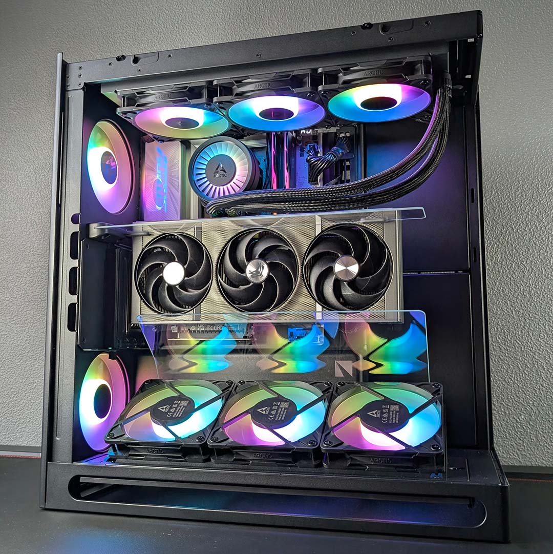 A bottom-up view of a complete build, powered on, inside the HAVN HS 360 VGPU.