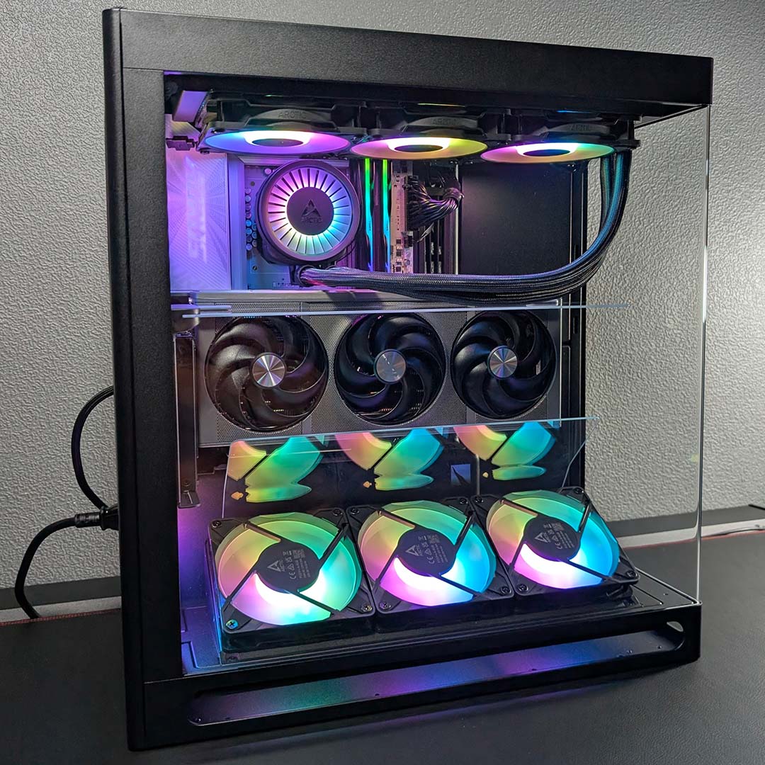 A side-on view of the HAVN HS 360 VGPU, with a complete build inside it, powered on.