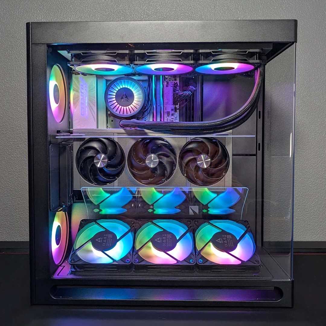 A side-on view of the HAVN HS 360 VGPU, with a complete build inside it, powered on.