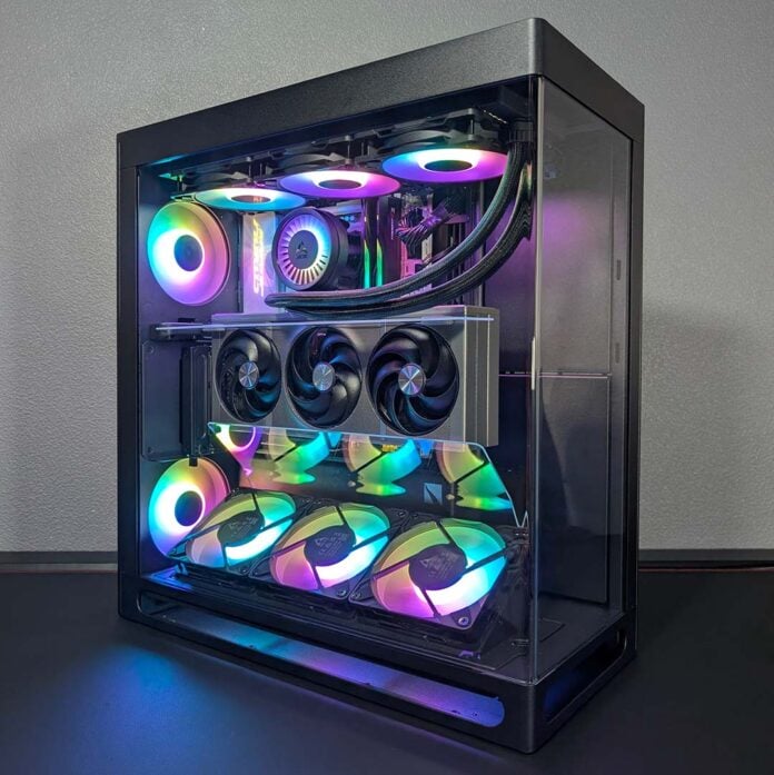 A side-on view of the HAVN HS 360 VGPU, with a complete build inside it, powered on.