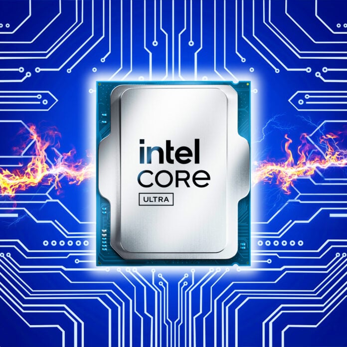 Intel Core Ultra CPU on blue circuitboard with fire lightning effect
