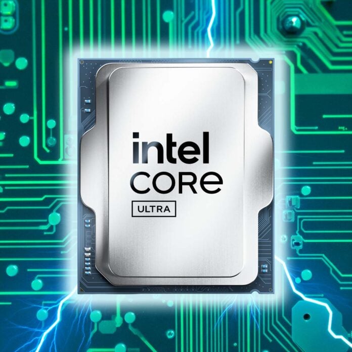 Intel Core Ultra CPU on a PCB with lightning effects