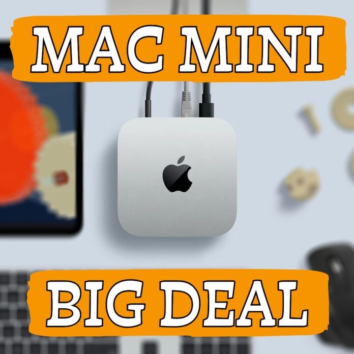 A Mac Mini, surrounded by white text against oragne backgrounds.
