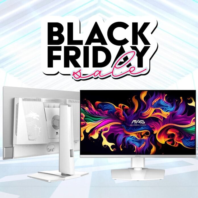 An MSI MAG 272QPW QD-OLED monitor's rear (left) and front (right), underneath a 'Black Friday Sale' sign.
