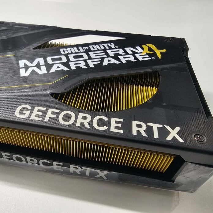 A close-up of the graphics card's custom Modern Warfare 4 backplate, focusing on its right side.