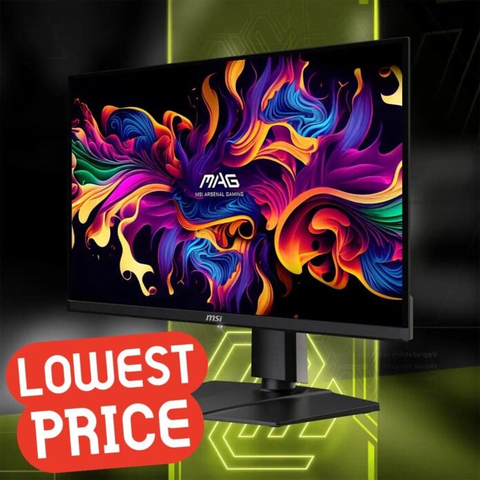 An MSI MAG 271QPX QD-OLED gaming monitor, with a 'Lowest Price' sticker to its bottom-left.
