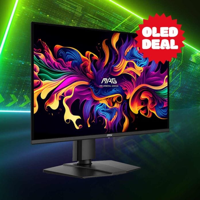 An MSI MAG 274QP QD-OLED X24 monitor, with an 'OLED DEAL' sticker on top of it.