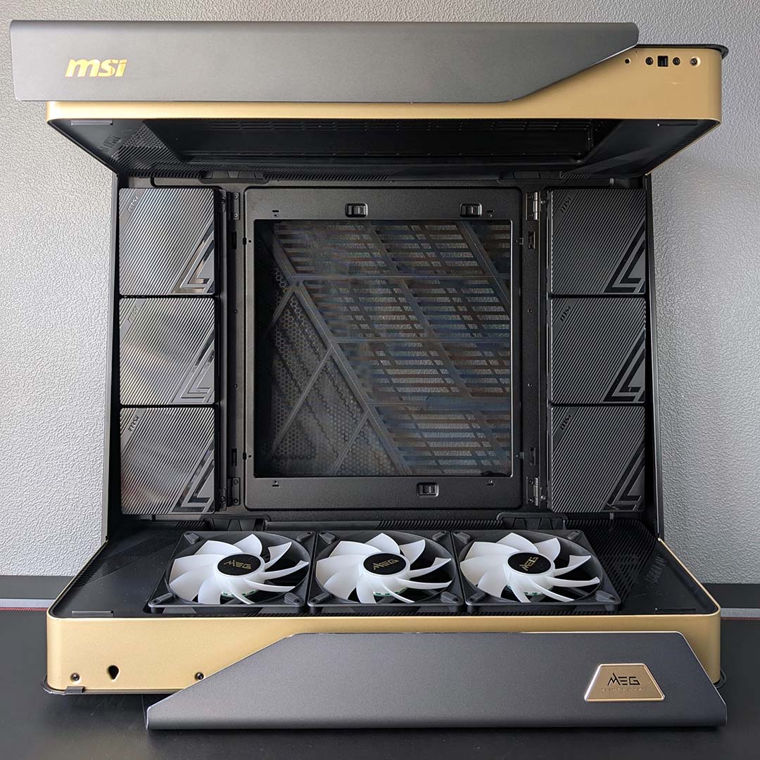 The front of the MSI MEG Maestro 900R, motherboard tray removed.