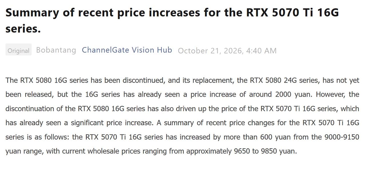 Nvidia GeForce RTX 5080 discontinued, and 5070 Ti price rises coming, according to this Board Channels post.