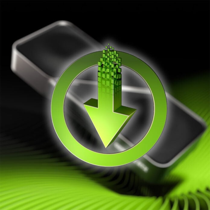 An Nvidia GeForce RTX 50 series graphics card, blurred, with a GeForce driver logo on top of it surrounded by a white glow.
