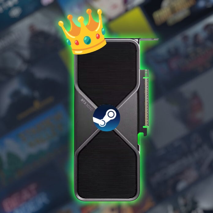 An Nvidia GeForce RTX 5070 Founders Edition, wearing a crown and Steam badge.