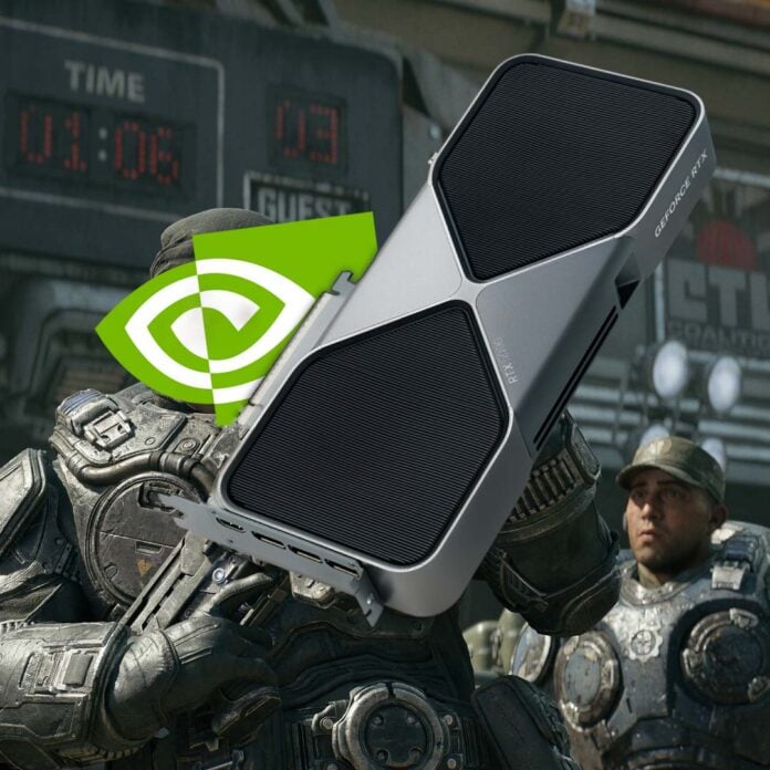 A screenshot from Gears of War: E-Day, with a character's face replaced with the Nvidia logo and holding a large GeForce RTX graphics card.
