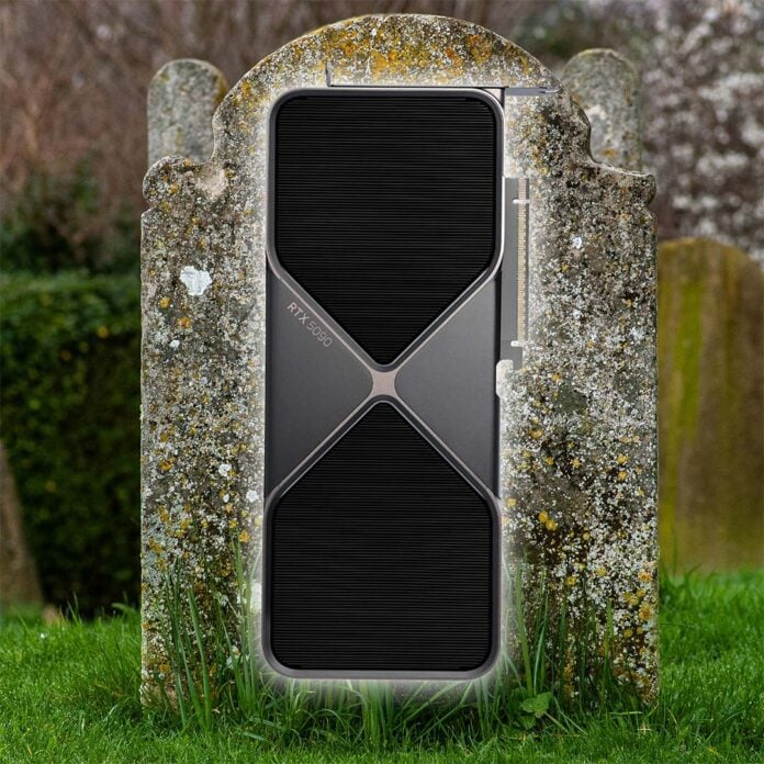 An Nvidia GeForce RTX 5090 Founders Edition on a gravestone.