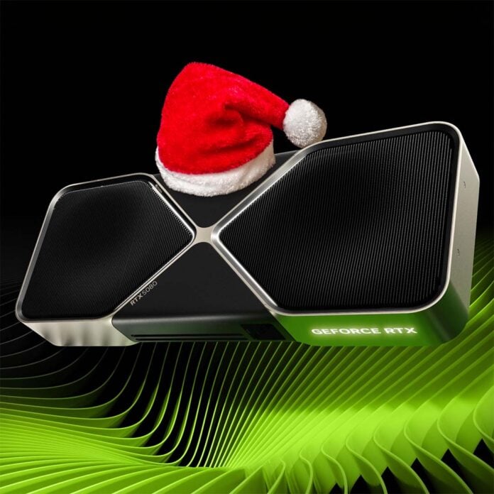 An Nvidia Geforce RTX 5080 wearing a red Santa hat.