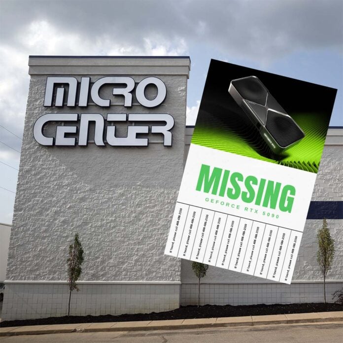 A Micro Center (left) with a large missing poster for the GeForce RTX 5090 (right).