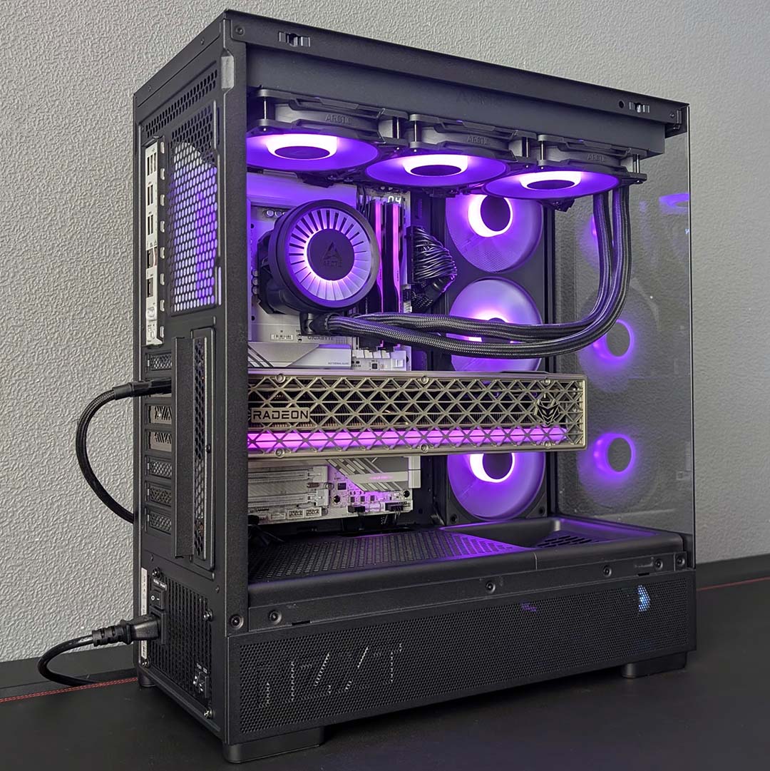 A rear-side-on view of the NZXT S5 RGB, with a complete system inside it.