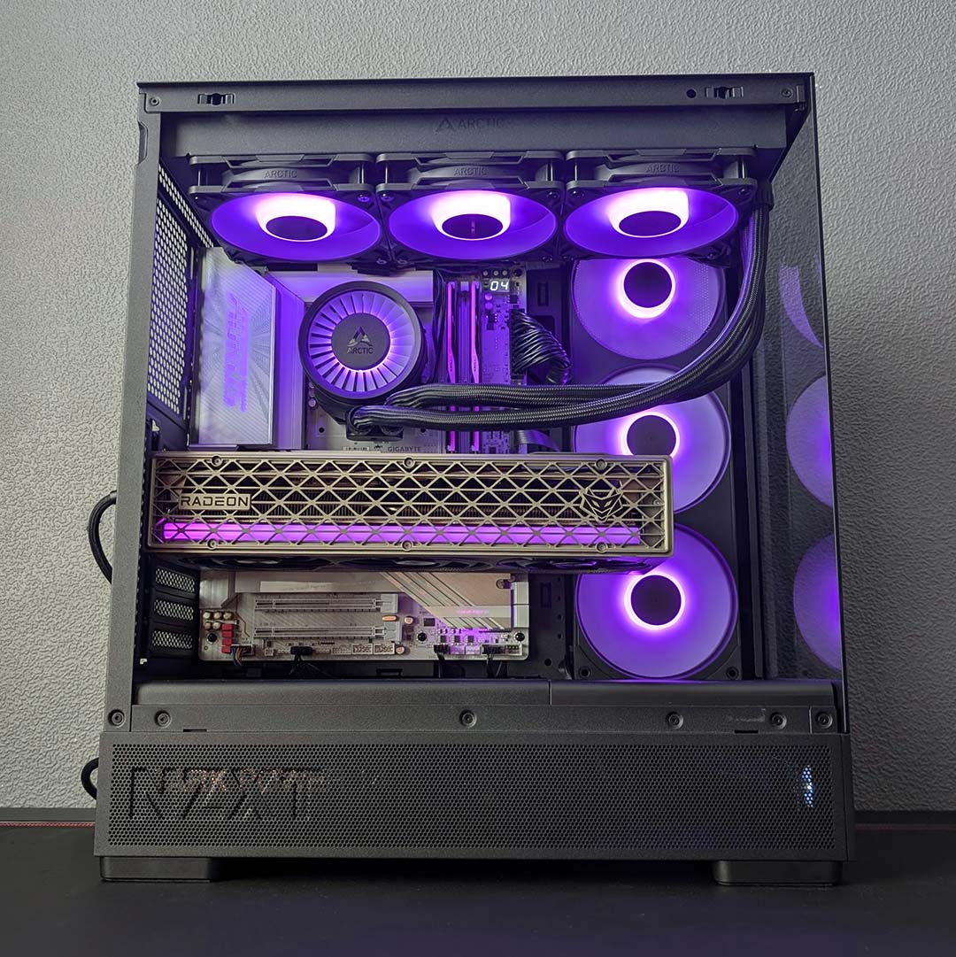 A bottom-side-on view of the NZXT S5 RGB, with a complete system inside it.