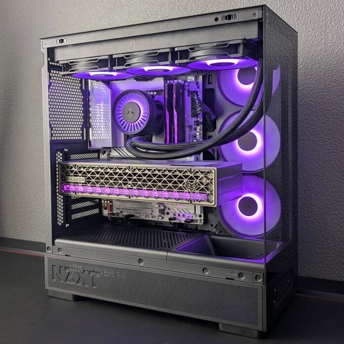A front-side-on view of the NZXT S5 RGB, with a complete system inside it.