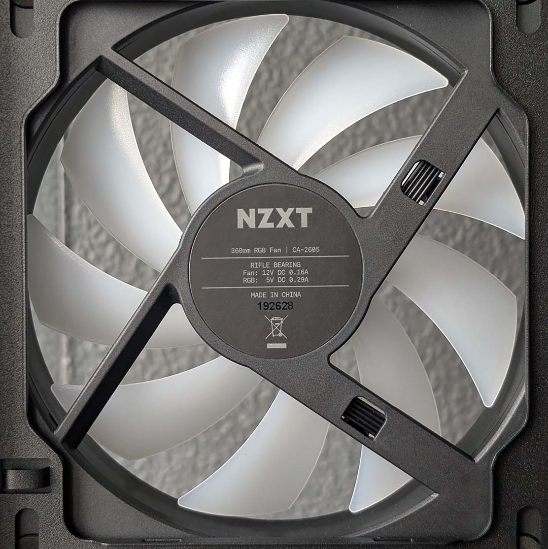 A close-up of the NZXT S5 RGB's reverse-blade fan.