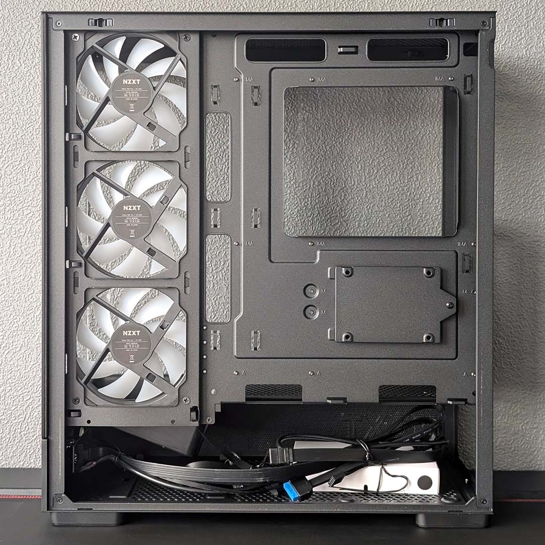 A side view of the NZXT S5 RGB's rear chamber, metal side panel removed.