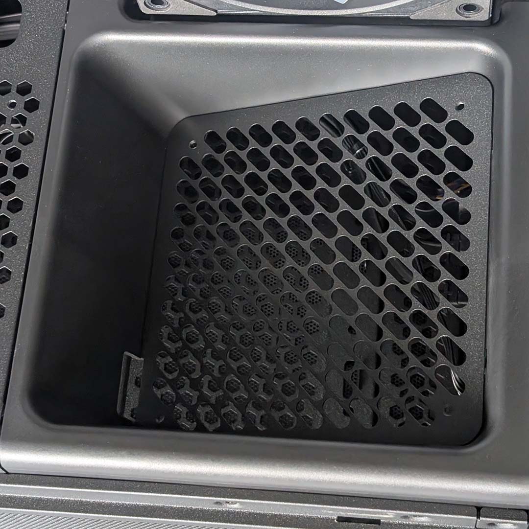 A close-up of the tilted fan reservoir inside the NZXT S5 RGB.