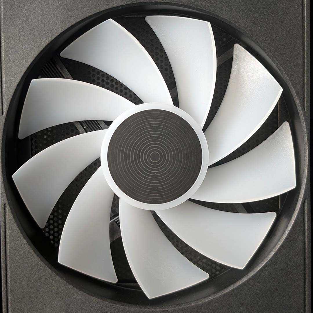 A close-up of the NZXT S5 RGB's reverse-blade fan.