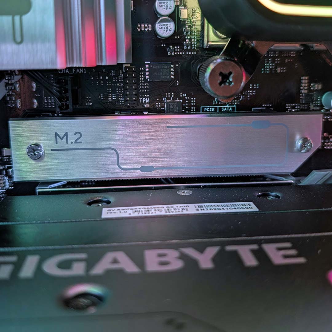 The M.2 heatsink for the primary NVMe drive inside the PCSpecialist Noble Extreme.