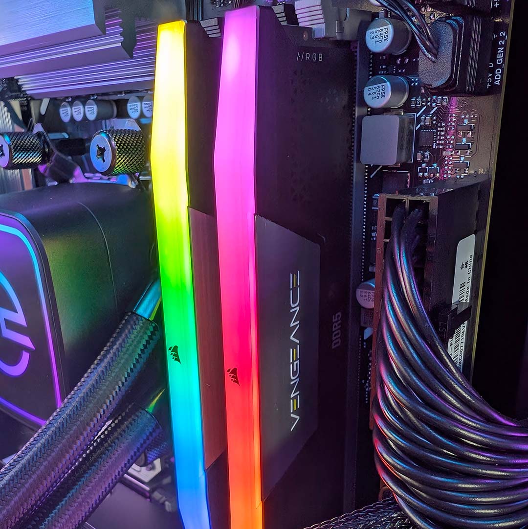 The Corsair Vengeance RGB DDR5 RAM inside the PCSpecialist Noble Extreme.