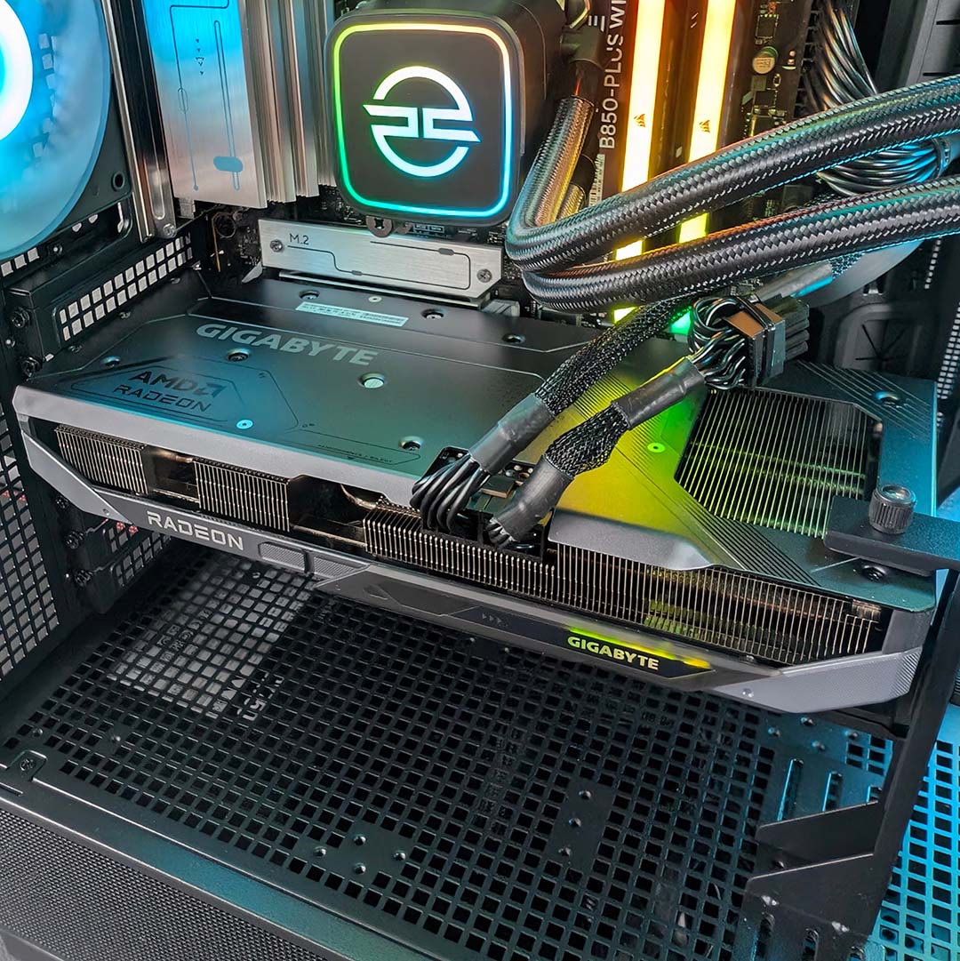 A top-down view of the graphics card inside in the PCSpecialist Noble Extreme.