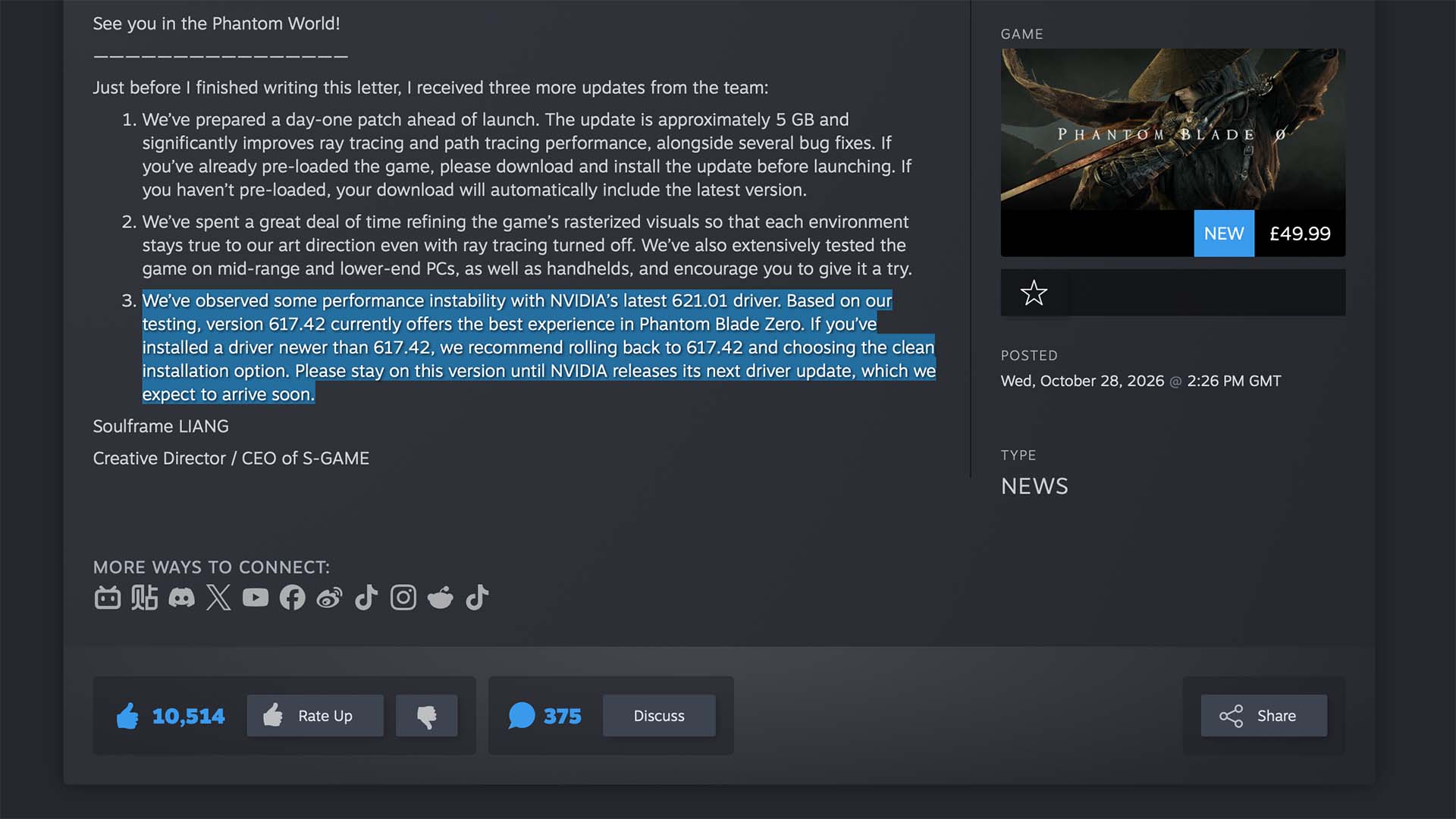 A screenshot of the Steam store page for Phantom Blade Zero, with a highlighted paragraph.