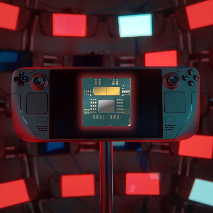 A Steam Deck OLED, surrounded by red and white lights, with an AMD CPU on its screen.