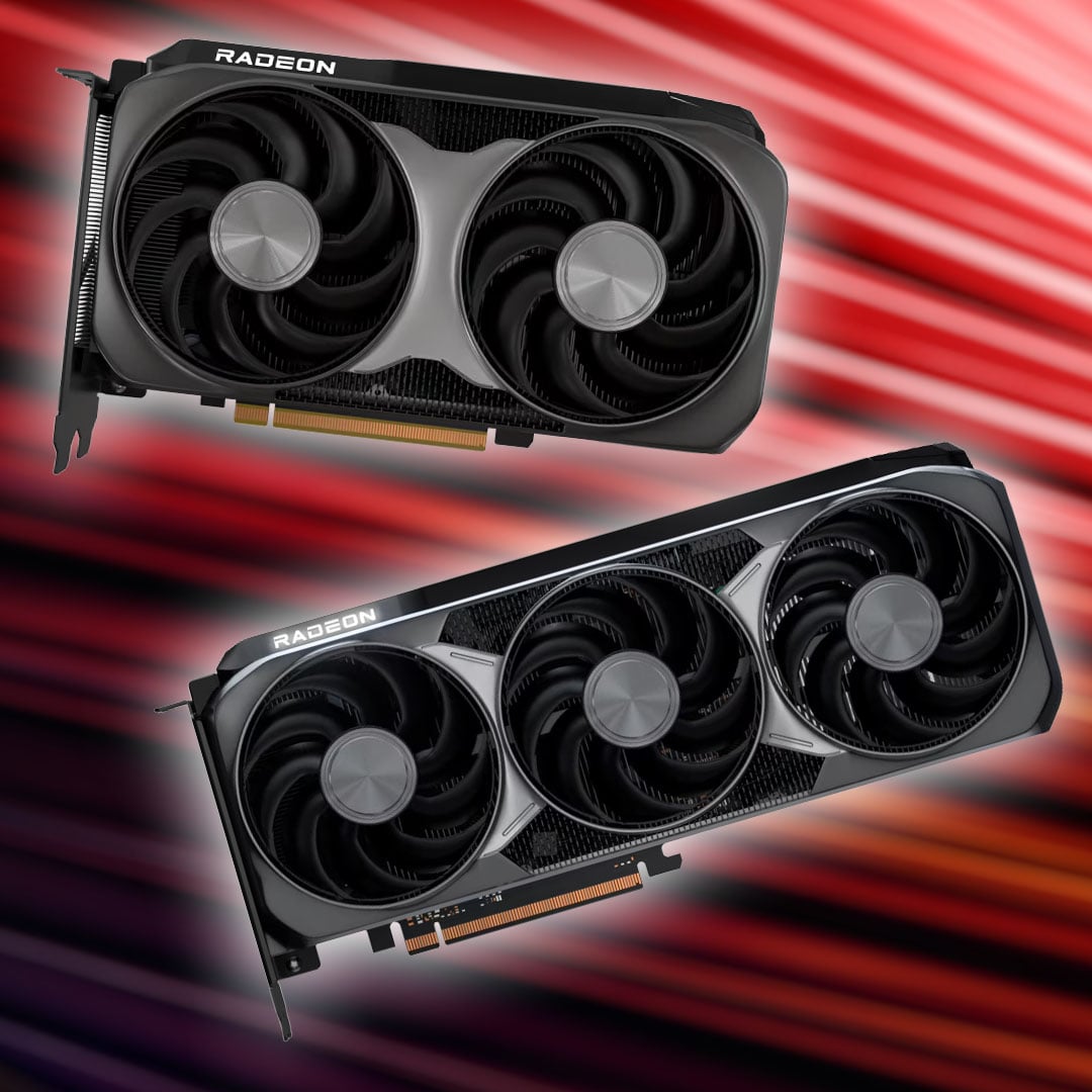 Dual-fan and triple-fan Radeon RX 9000 reference design graphics cards on a red background